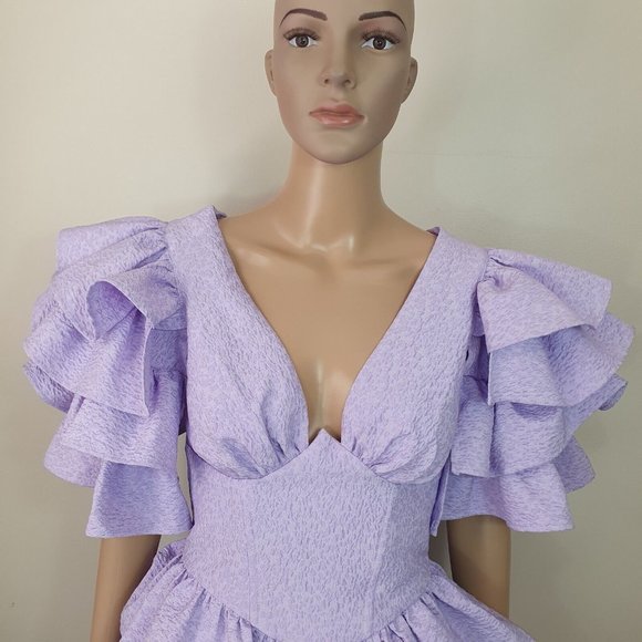 DONT BUY!ASOS LUXE dress S 8 lilac bubble hem ruffle puff sleeve tiered - Picture 5 of 8